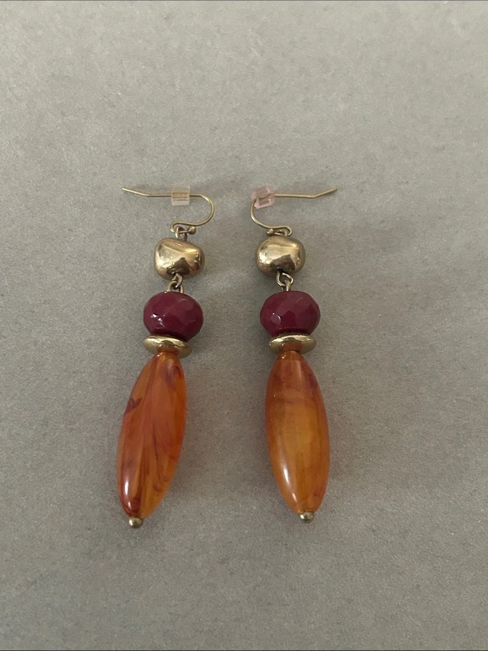 Handcrafted Amber-Tone and Burgundy Drop Earrings